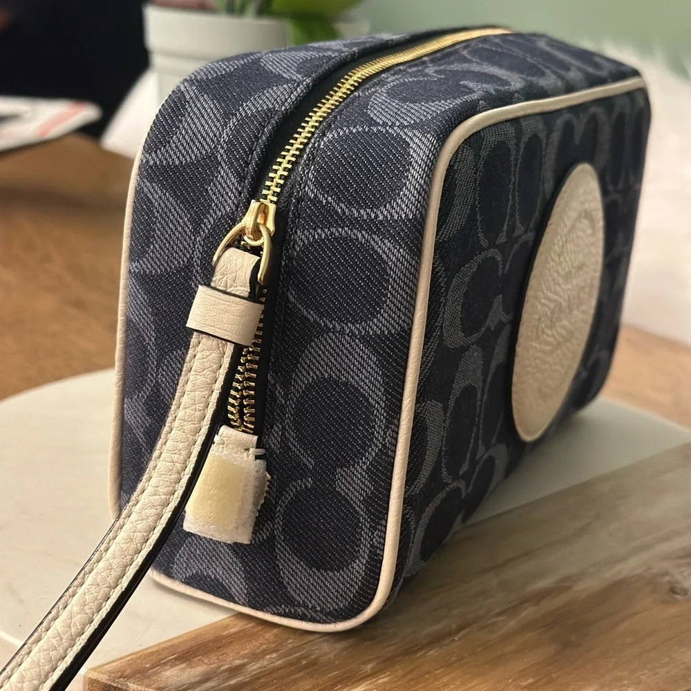 NWT! NEW! Coach Dempsy Large Cosmetic Bag Pouch Denim Jacquard Cream Logo Women